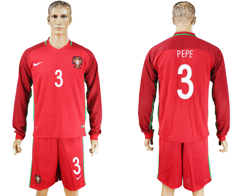 Portugal 3 PEPE Home UEFA Euro 2016 Long Sleeve Soccer Jersey