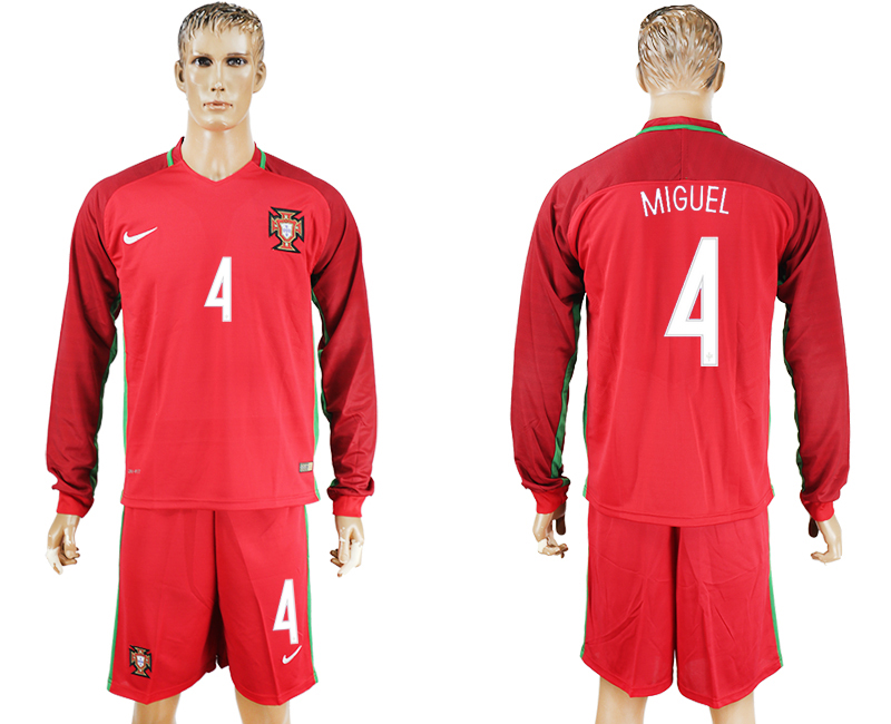 Portugal 4 MIGUEL Home UEFA Euro 2016 Long Sleeve Soccer Jersey