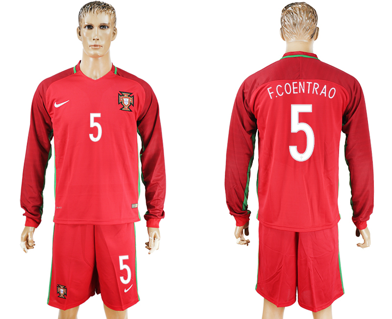 Portugal 5 F.COENTRAO Home Long UEFA Euro 2016 Long Sleeve Soccer Jersey