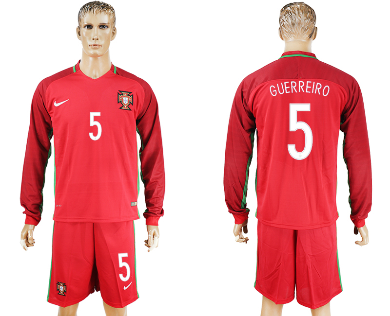 Portugal 5 GUERREIRO Home UEFA Euro 2016 Long Sleeve Soccer Jersey