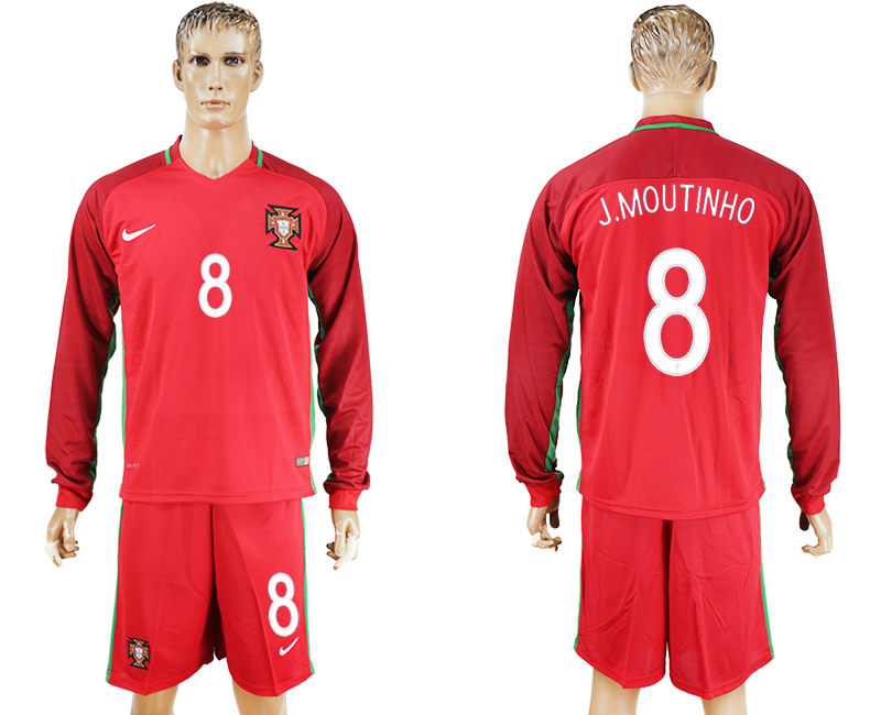 Portugal 8 J.MOUTINHO Home UEFA Euro 2016 Long Sleeve Soccer Jersey