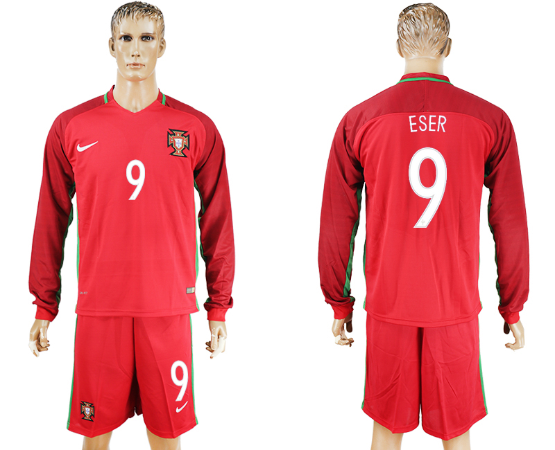 Portugal 9 ESER Home UEFA Euro 2016 Long Sleeve Soccer Jersey