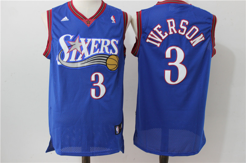 76ers 3 Allen Iverson Blue Throwback Stitched Jersey