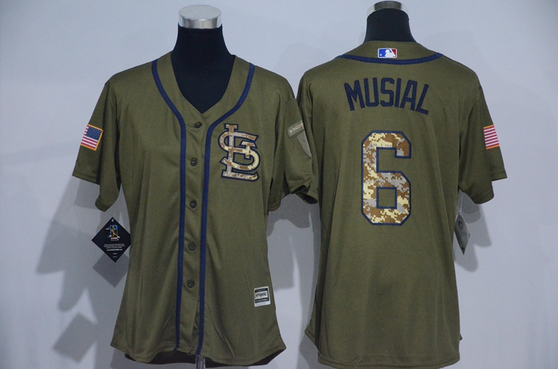 Cardinals 6 Stan Musial Olive Green Women New Cool Base Jersey