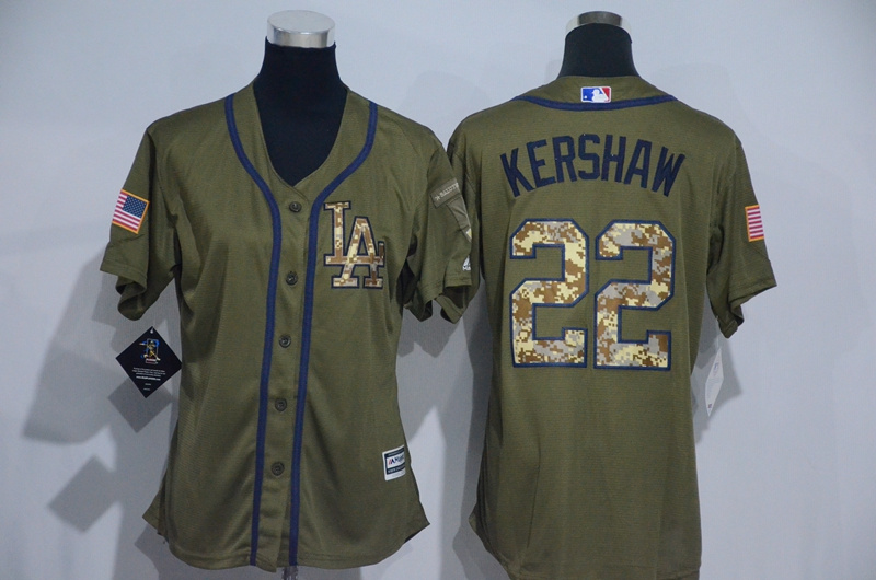 Dodgers 22 Clayton Kershaw Olive Green Women New Cool Base Jersey