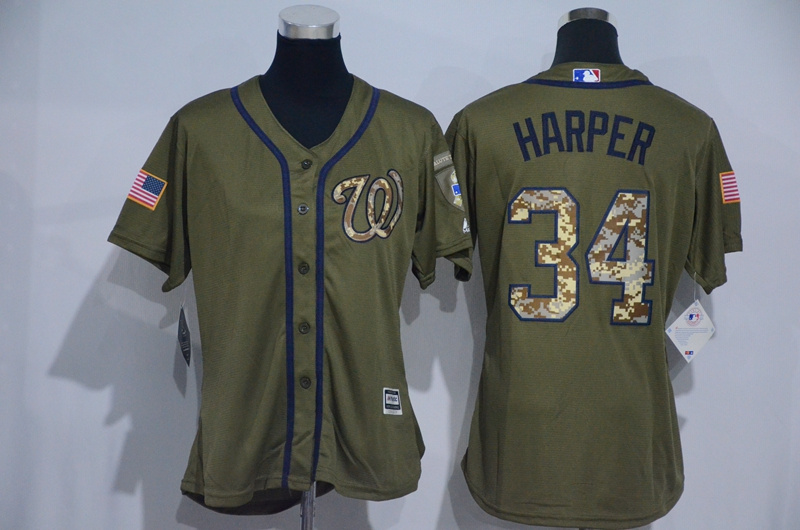 Nationals 34 Bryce Harper Olive Green Women New Cool Base Jersey