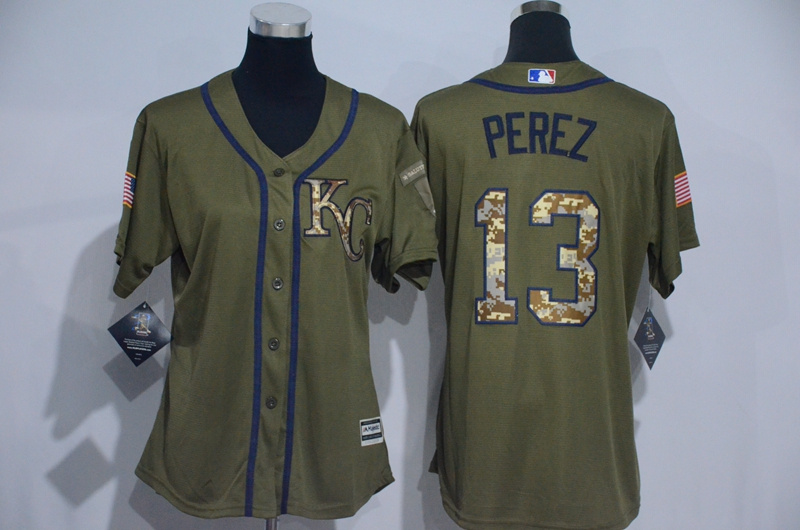 Royals 13 Salvador Perez Olive Green Women New Cool Base Jersey