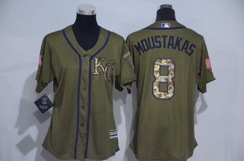 Royals 8 Mike Moustakas Olive Green Women New Cool Base Jersey