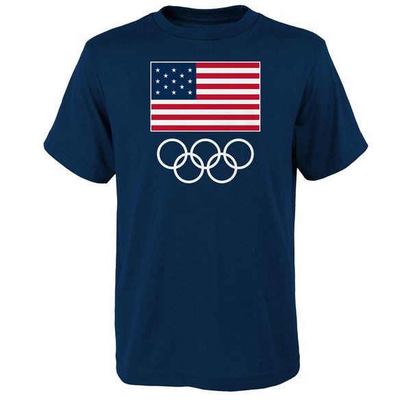 Team USA 2016 Olympics Flags & Rings T-Shirt Navy - Click Image to Close