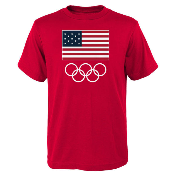 Team USA 2016 Olympics Flags & Rings T-Shirt Red - Click Image to Close