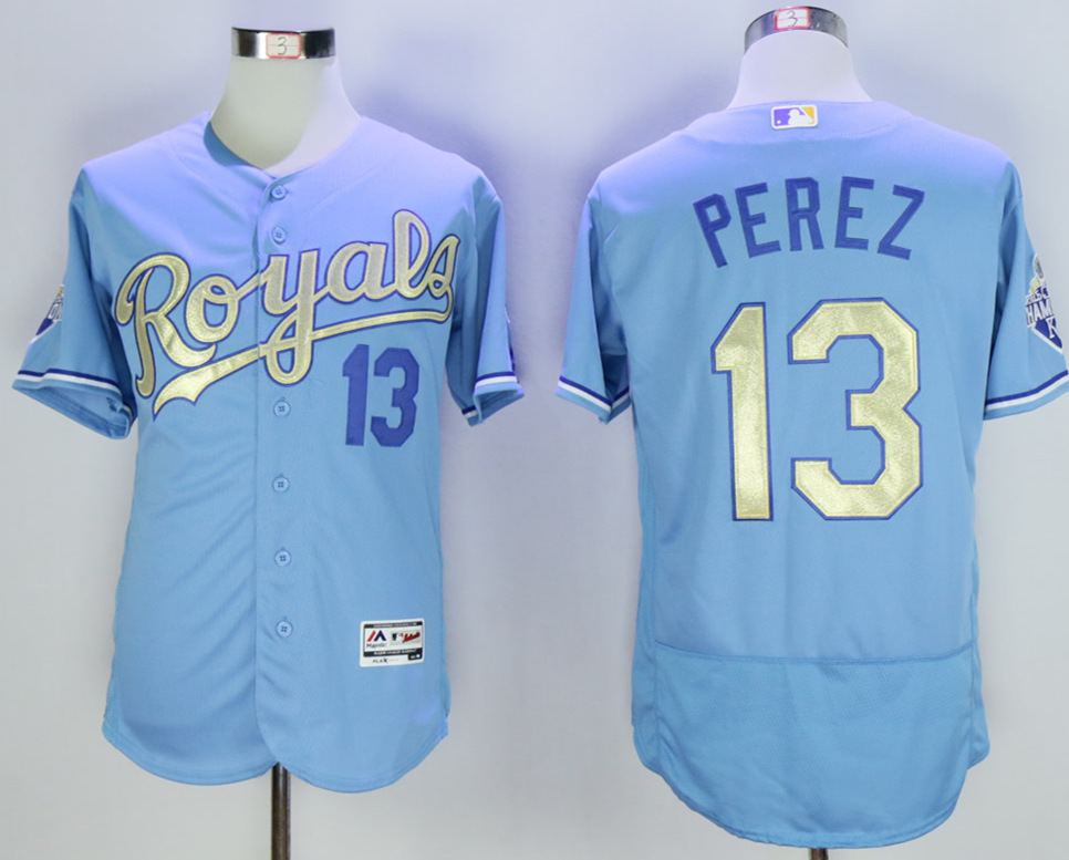 Royals 13 Salvador Perez Light Blue 2015 MLB Worl Series Champions Flexbase Jersey