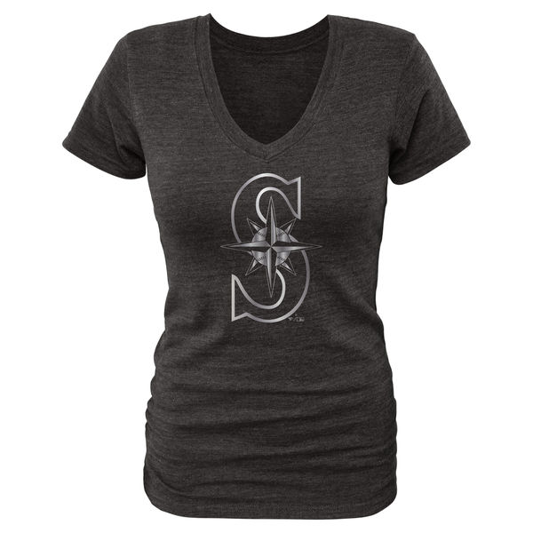 Seattle Mariners Women's Platinum Collection Long Sleeve V Neck Tri Blend T Shirt Black