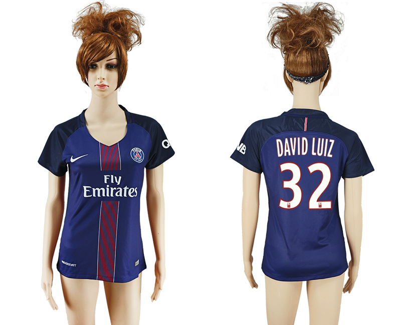 2016-17 Paris Saint-Germain 32 DAVID LUIZ Home Women Soccer Jersey 2016-17 Paris Saint-Germain 32 DAVID LUIZ Home Women Soccer Jersey