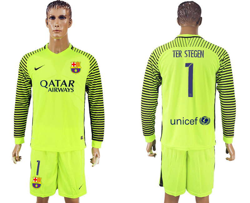 2016-17 Barcelona 1 TER STEGEN Goalkeeper Long Sleeve Soccer Jersey