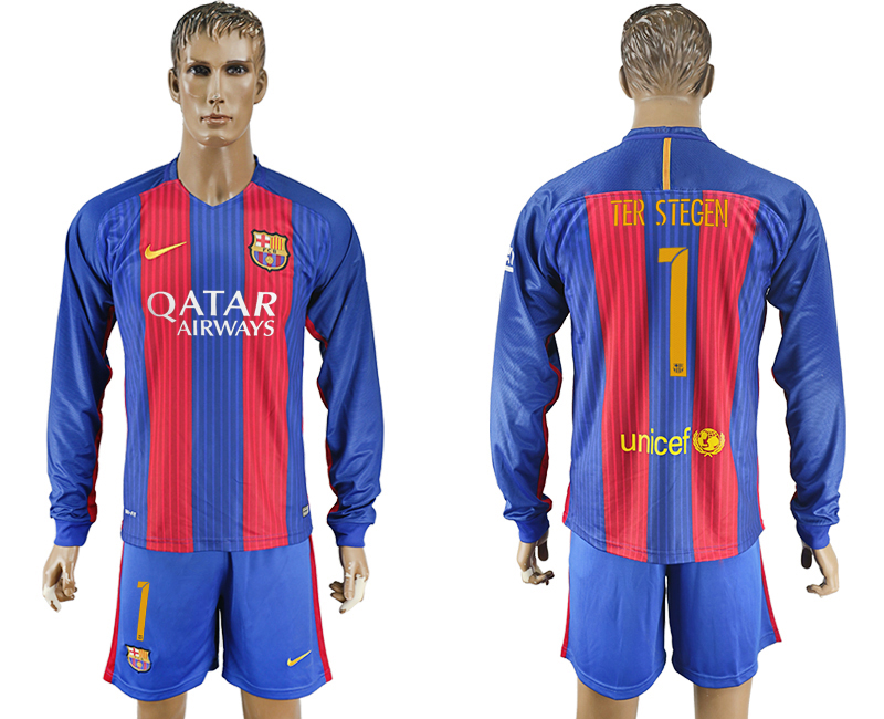 2016-17 Barcelona 1 TER STEGEN Home Long Sleeve Soccer Jersey