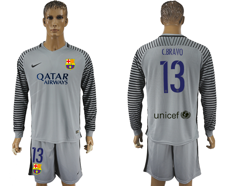2016-17 Barcelona 13 C.BRAVO Grey Goalkeeper Long Sleeve Soccer Jersey