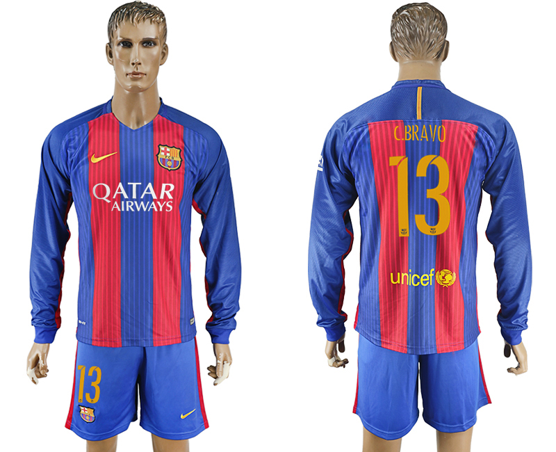 2016-17 Barcelona 13 C.BRAVO Home Long Sleeve Soccer Jersey