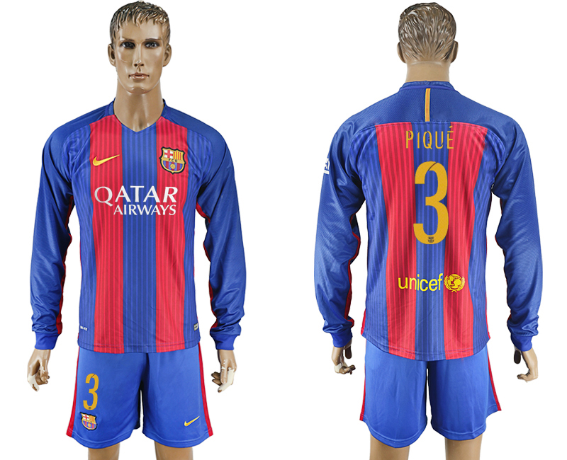 2016-17 Barcelona 3 PIQUE Home Long Sleeve Soccer Jersey