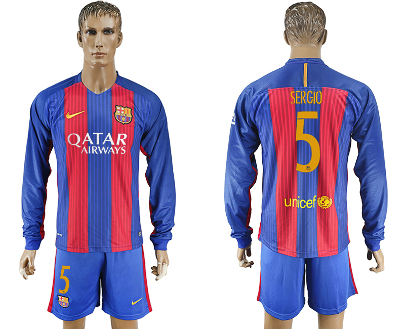 2016-17 Barcelona 5 SERGIO Home Long Sleeve Soccer Jersey
