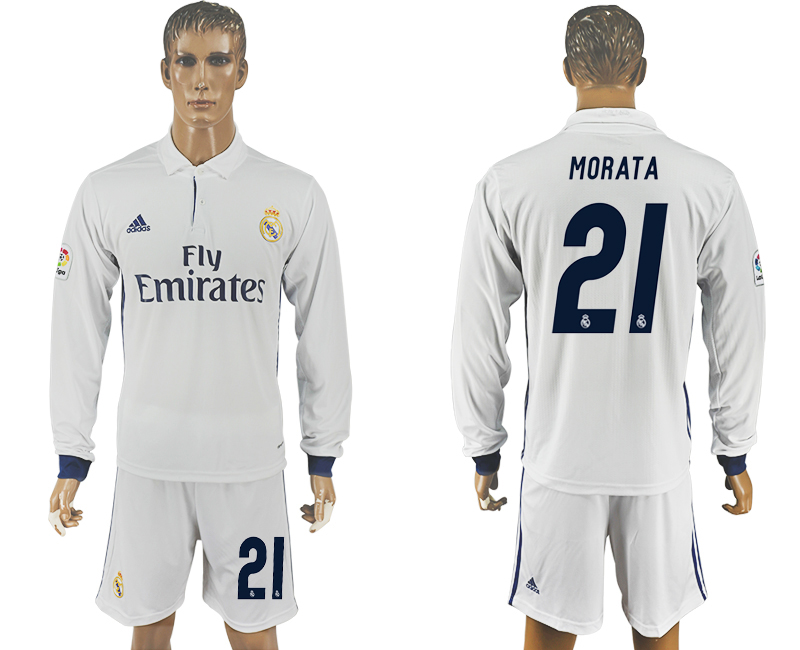 2016-17 Real Madrid 21 MORATA Home Long Sleeve Soccer Jersey