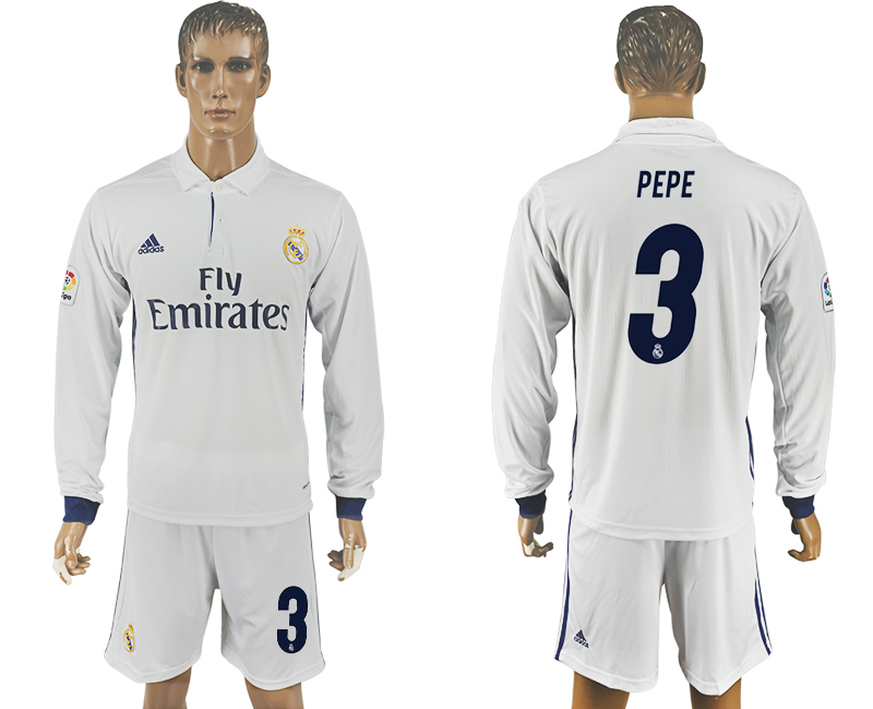 2016-17 Real Madrid 3 PEPE Home Long Sleeve Soccer Jersey