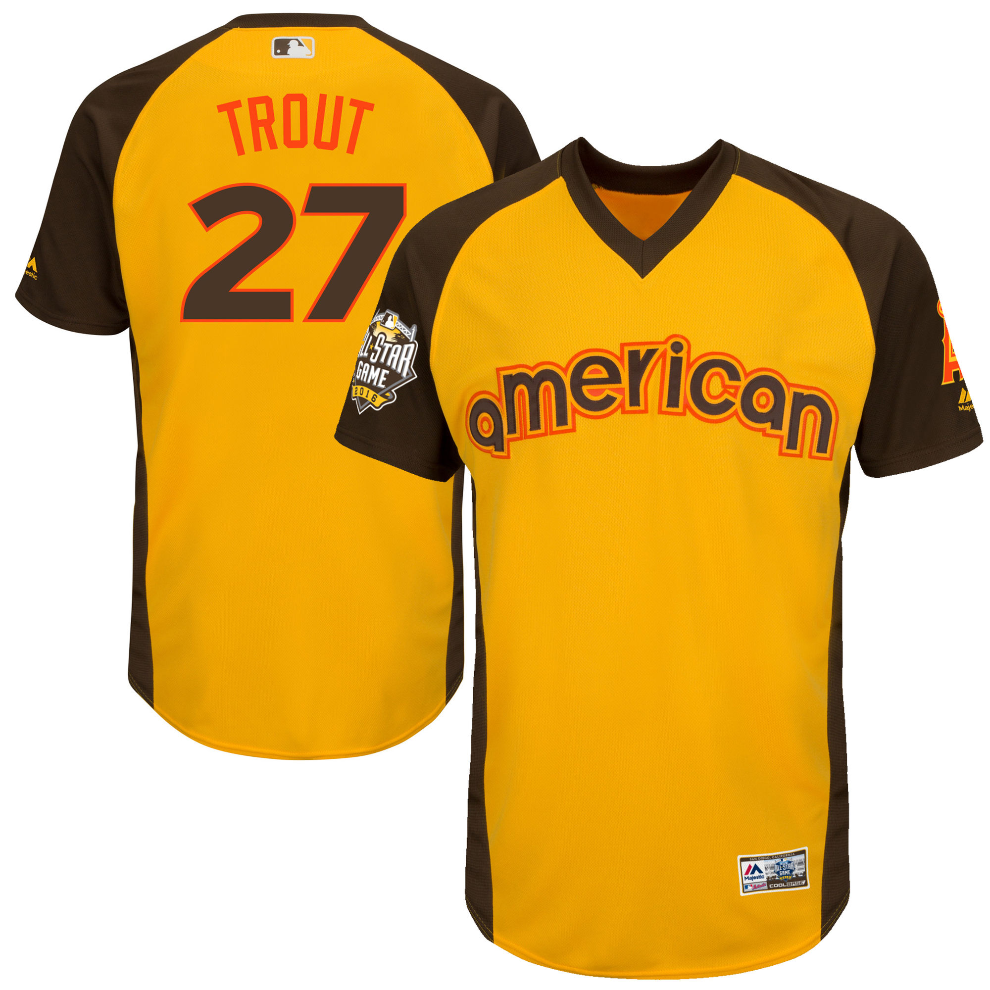 Angels 27 Mike Trout Yellow 2016 All-Star Game Cool Base Batting Practice Player Jersey