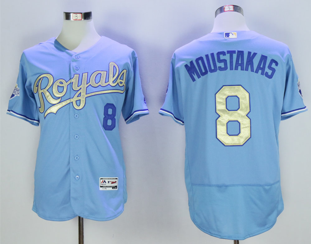 Royals 8 Mike Moustakas Light Blue 2015 World Series Champions Flexbase Jersey