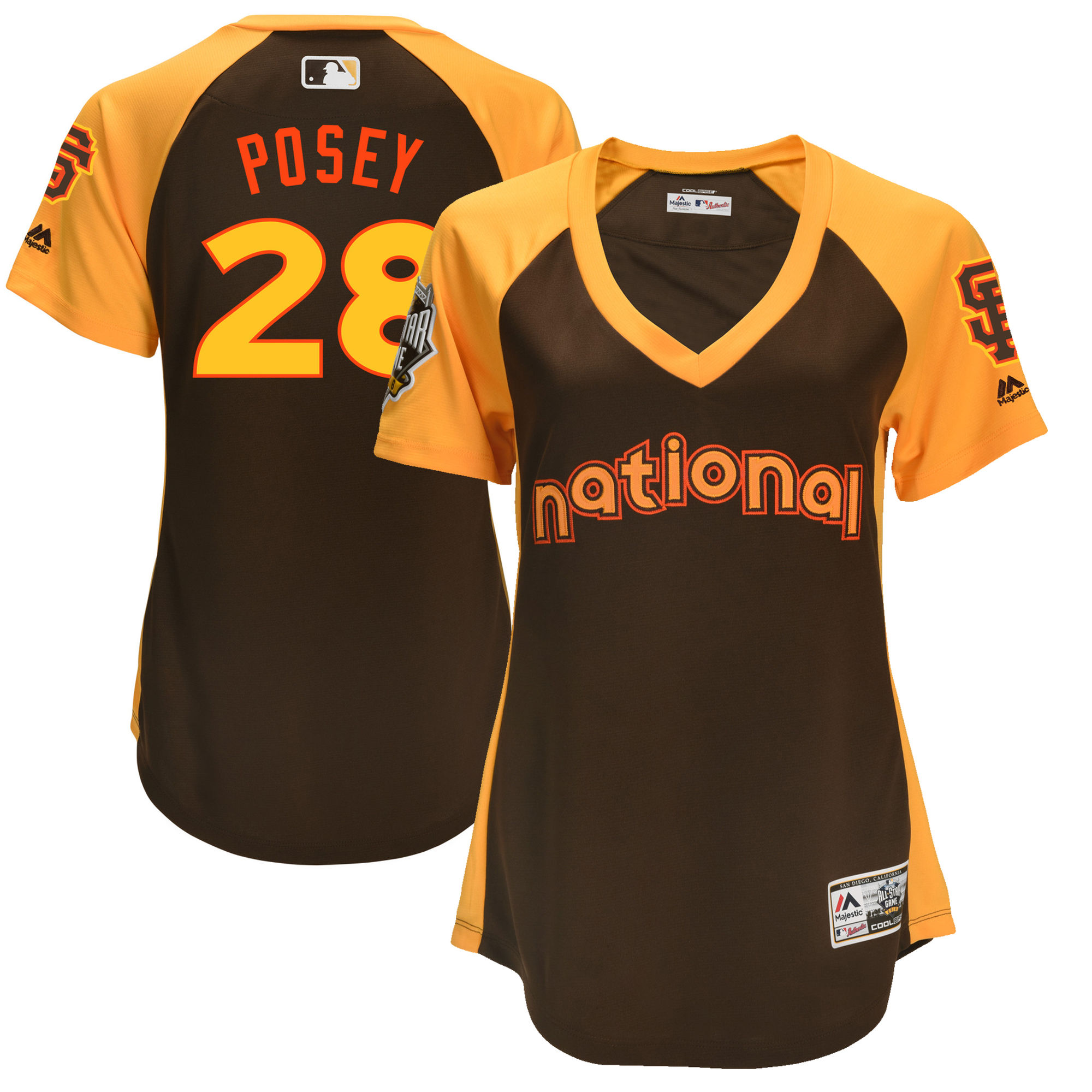 Giants 28 Buster Posey Brown Women 2016 All-Star Game Cool Base Batting Practice Player Jersey