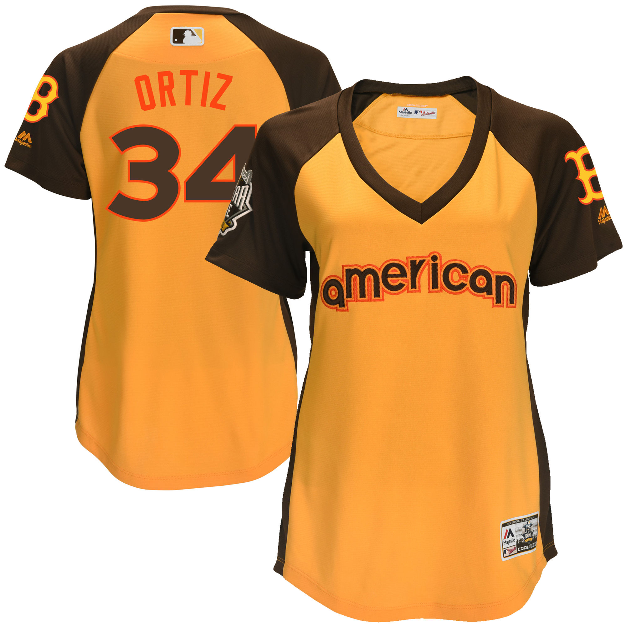 Red Sox 34 David Ortiz Yellow Women 2016 All-Star Game Cool Base Batting Practice Player Jersey - Click Image to Close