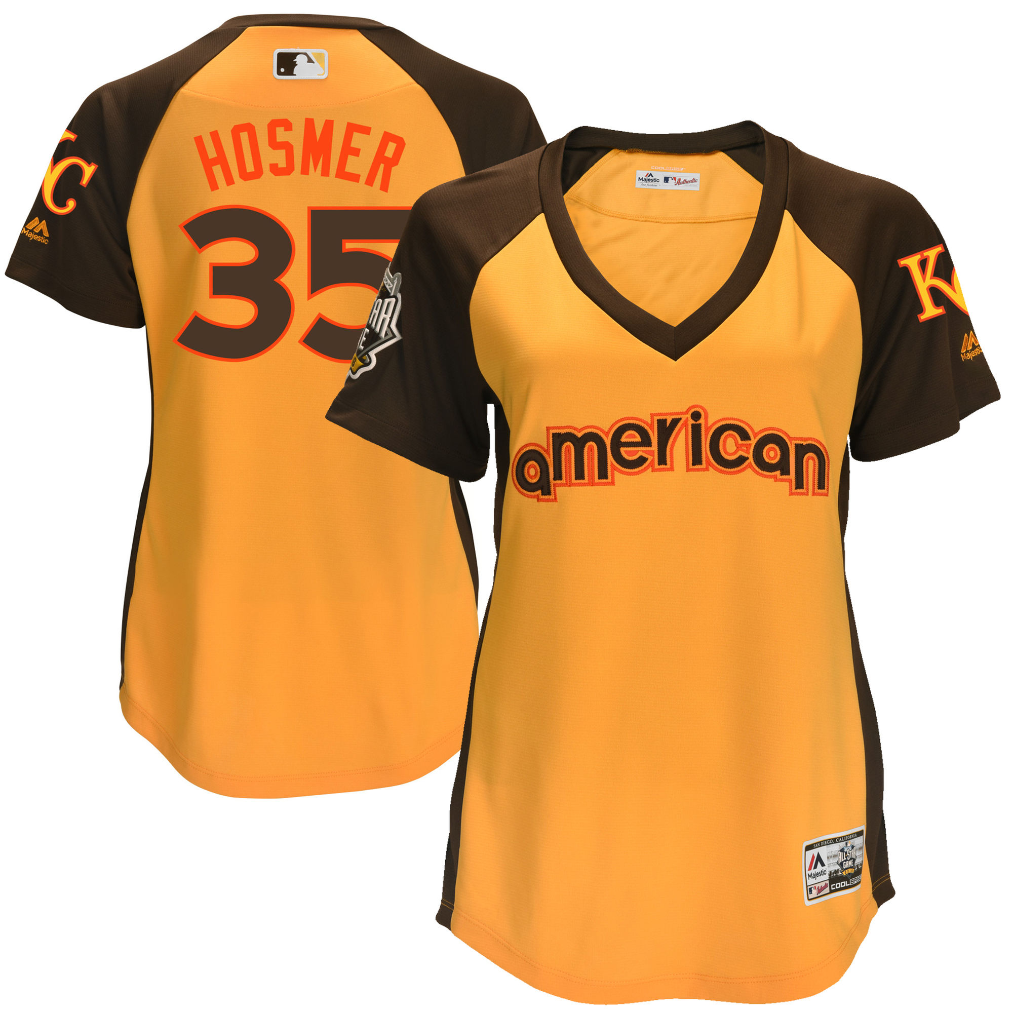 Royals 35 Eric Hosmer Yellow Women 2016 All-Star Game Cool Base Batting Practice Player Jersey - Click Image to Close
