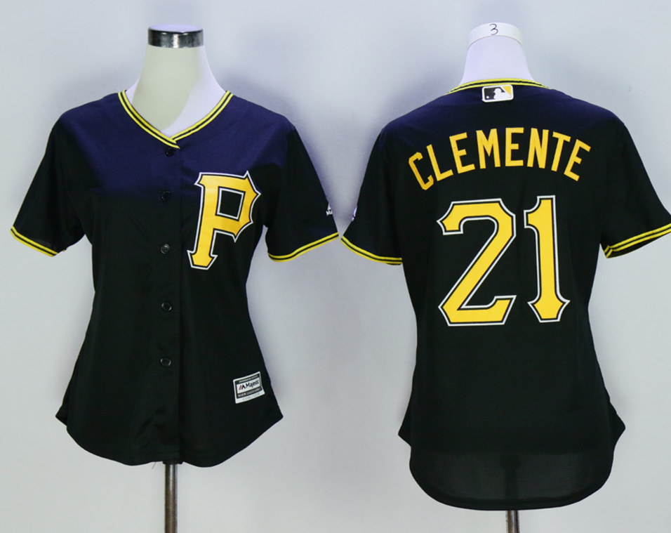 Pirates 21 Roberto Clemente Black Women New Cool Base Jersey - Click Image to Close