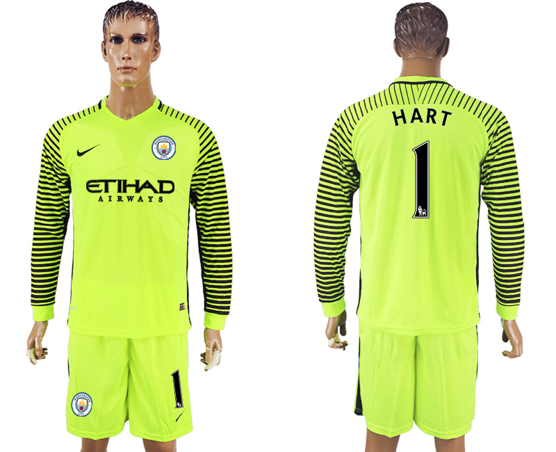 2016-17 Manchester City 1 HART Green Goalkeeper Long Sleeve Soccer Jersey