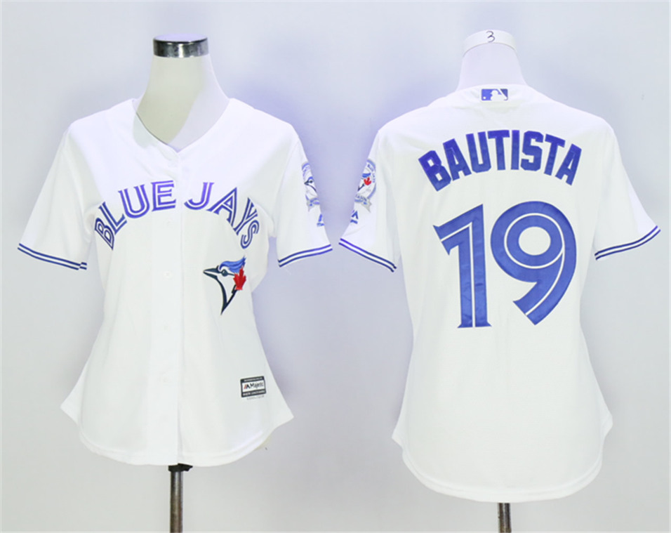 Blue Jays 19 Jose Bautista White With 40th Anniversary Patch Women New Cool Base Jersey