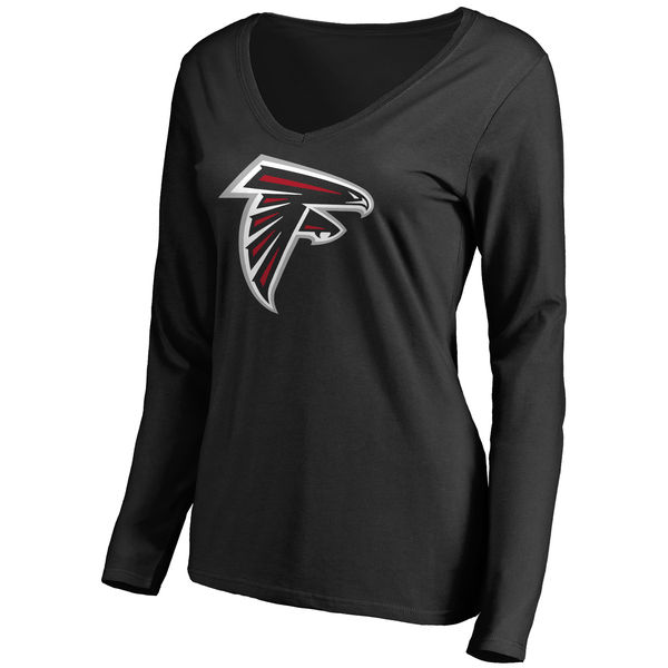 Atlanta Falcons Black Primary Team Logo Slim Fit V Neck Long Sleeve Women's T-Shirt - Click Image to Close