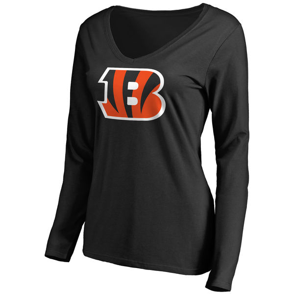 Cincinnati Bengals Black Primary Team Logo Slim Fit V Neck Long Sleeve Women's T-Shirt