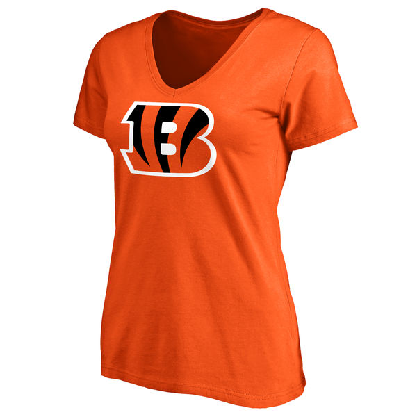 Cincinnati Bengals Orange Primary Team Logo Slim Fit V Neck Women's T-Shirt - Click Image to Close