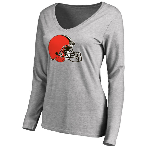 Cleveland Browns Ash Primary Team Logo Slim Fit V Neck Long Sleeve Women's T-Shirt