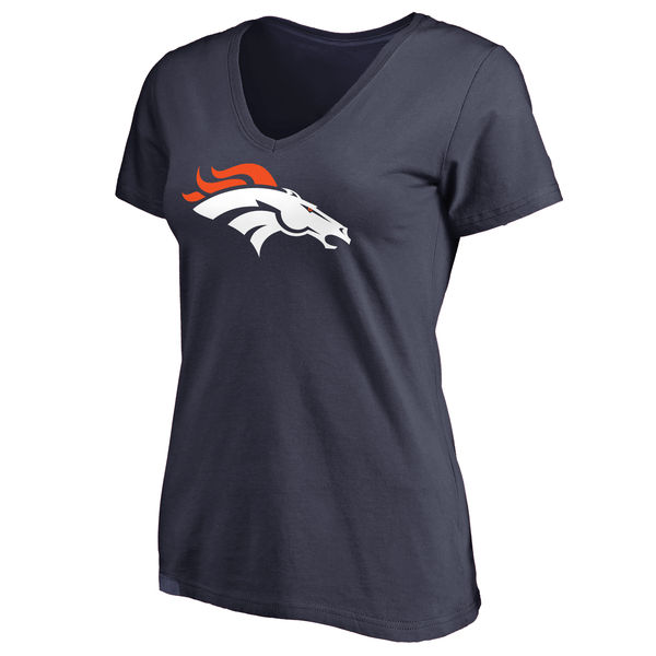 Denver Broncos Navy Primary Team Logo Slim Fit V Neck Women's T-Shirt - Click Image to Close