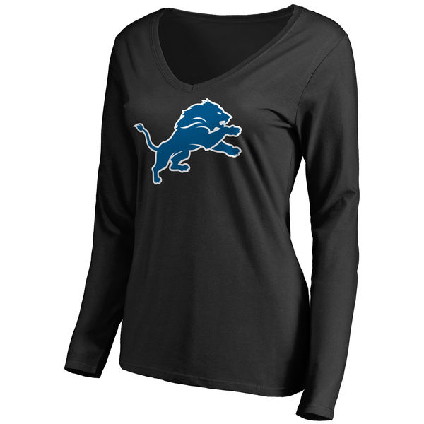 Detroits Lions Black Primary Team Logo Slim Fit V Neck Long Sleeve Women's T-Shirt