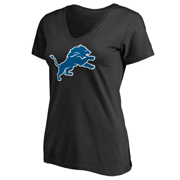 Detroits Lions Black Primary Team Logo Slim Fit V Neck Women's T-Shirt - Click Image to Close
