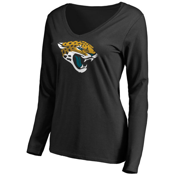 Jacksonville Jaguars Black Primary Team Logo Slim Fit V Neck Long Sleeve Women's T-Shirt
