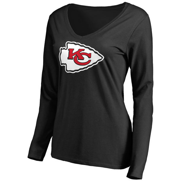 Kansas City Chiefs Black Primary Team Logo Slim Fit V Neck Long Sleeve Women's T-Shirt - Click Image to Close