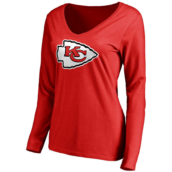 Kansas City Chiefs Red Primary Team Logo Slim Fit V Neck Long Sleeve Women's T-Shirt