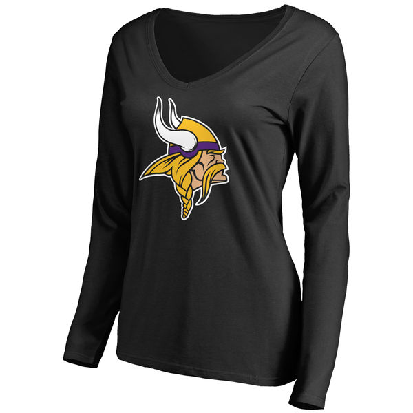 Minnesota Vikings Black Primary Team Logo Slim Fit V Neck Long Sleeve Women's T-Shirt - Click Image to Close