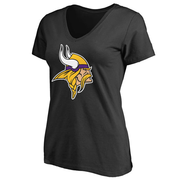 Minnesota Vikings Black Primary Team Logo Slim Fit V Neck Women's T-Shirt - Click Image to Close