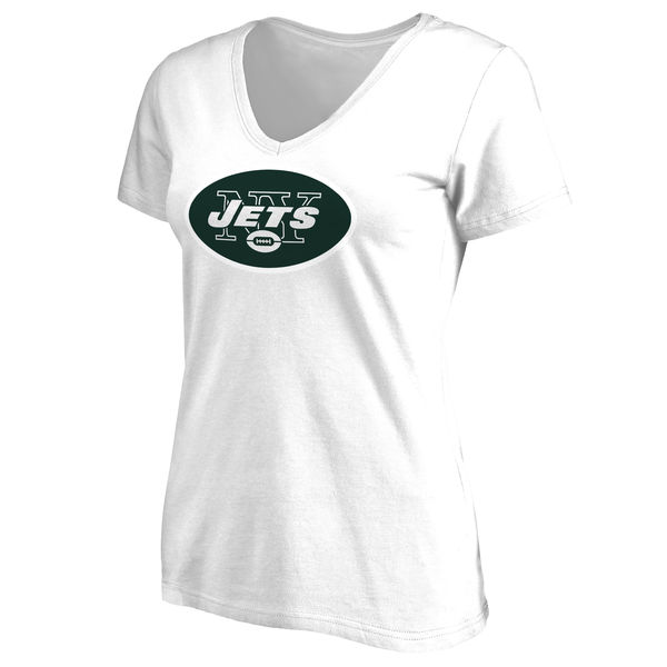 New York Jets White Primary Team Logo Slim Fit V Neck Women's T-Shirt