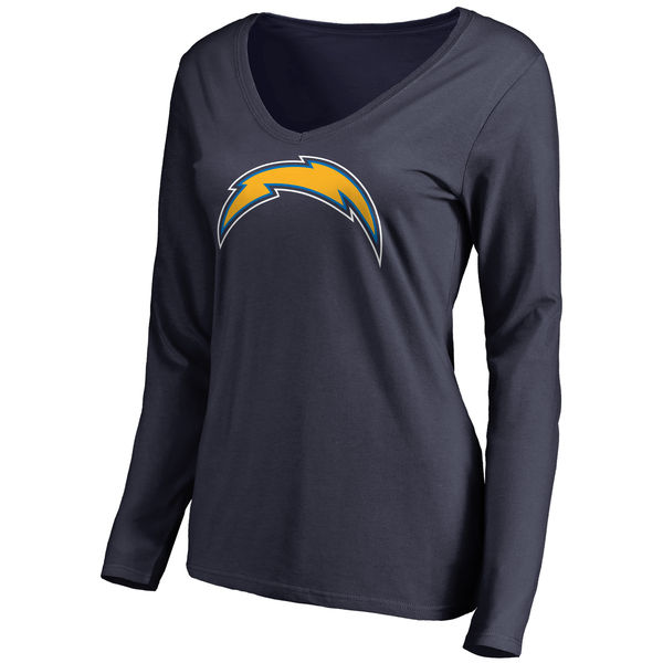 San Diego Chargers Navy Primary Team Logo Slim Fit V Neck Long Sleeve Women's T-Shirt - Click Image to Close