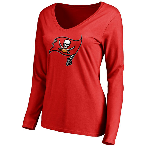 Tampa Bay Buccaneers Red Primary Team Logo Slim Fit V Neck Long Sleeve Women's T-Shirt - Click Image to Close