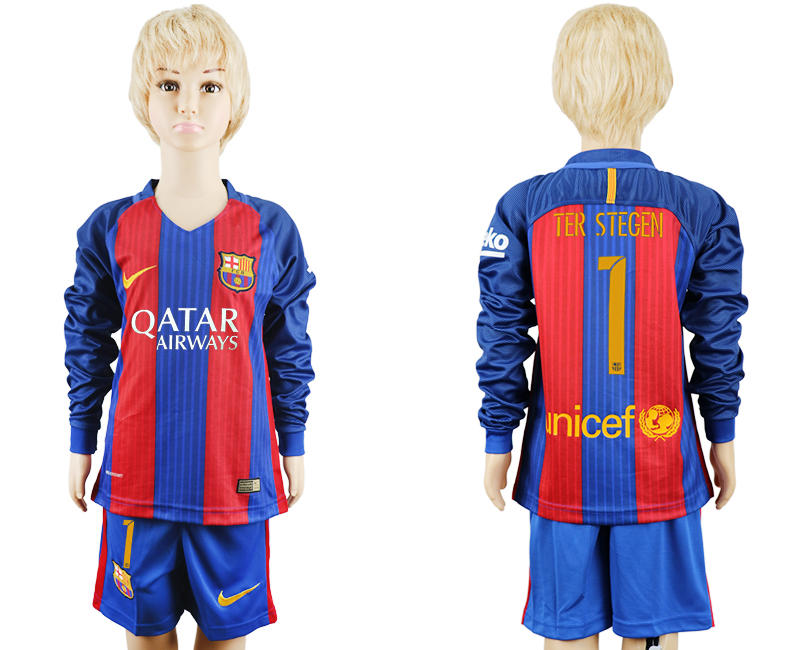 2016-17 Barcelona 1 TER STEGEN Home Youth Long Sleeve Soccer Jersey