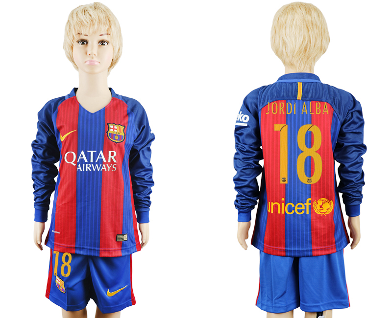 2016-17 Barcelona 18 JORDI ALBA Home Youth Long Sleeve Soccer Jersey